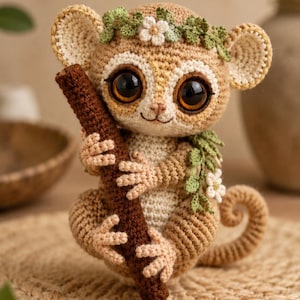 May include: A crocheted stuffed animal resembling a lemur with large dark eyes, light brown fur, and a cream-colored belly. It holds a dark brown yarn branch and wears a crown of small green leaves and white flowers around its head.