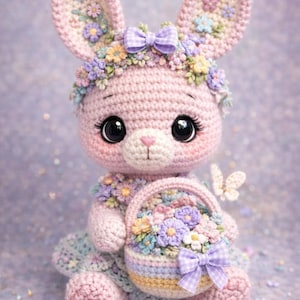 May include: A handmade pink crochet bunny with large black eyes, wearing a floral crown and holding a basket of flowers. The bunny has a purple bow and is surrounded by decorative flowers and a butterfly. The overall theme is spring and Easter.