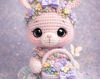May include: A handmade pink crochet bunny with large black eyes, wearing a floral crown and holding a basket of flowers. The bunny has a purple bow and is surrounded by decorative flowers and a butterfly. The overall theme is spring and Easter.