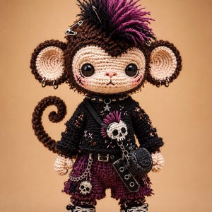 May include: A handmade crochet monkey doll with a punk rock aesthetic. The monkey has a brown mohawk with purple highlights, safety pins, and hoop earrings. It wears a black sweater with skull details, purple shorts, and black sneakers. A small black purse hangs from its shoulder.