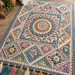 Può includere: Un tappeto rettangolare all'uncinetto con un motivo mandala centrale circondato da disegni floreali geometrici nei toni del verde acqua, rosa antico, giallo senape e crema. I bordi sono rifiniti con una fila di nappe in filato.