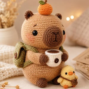 Patron au crochet Capybara PDF, Amigurumi avec orange, café, canard, sac à dos (téléchargement numérique)