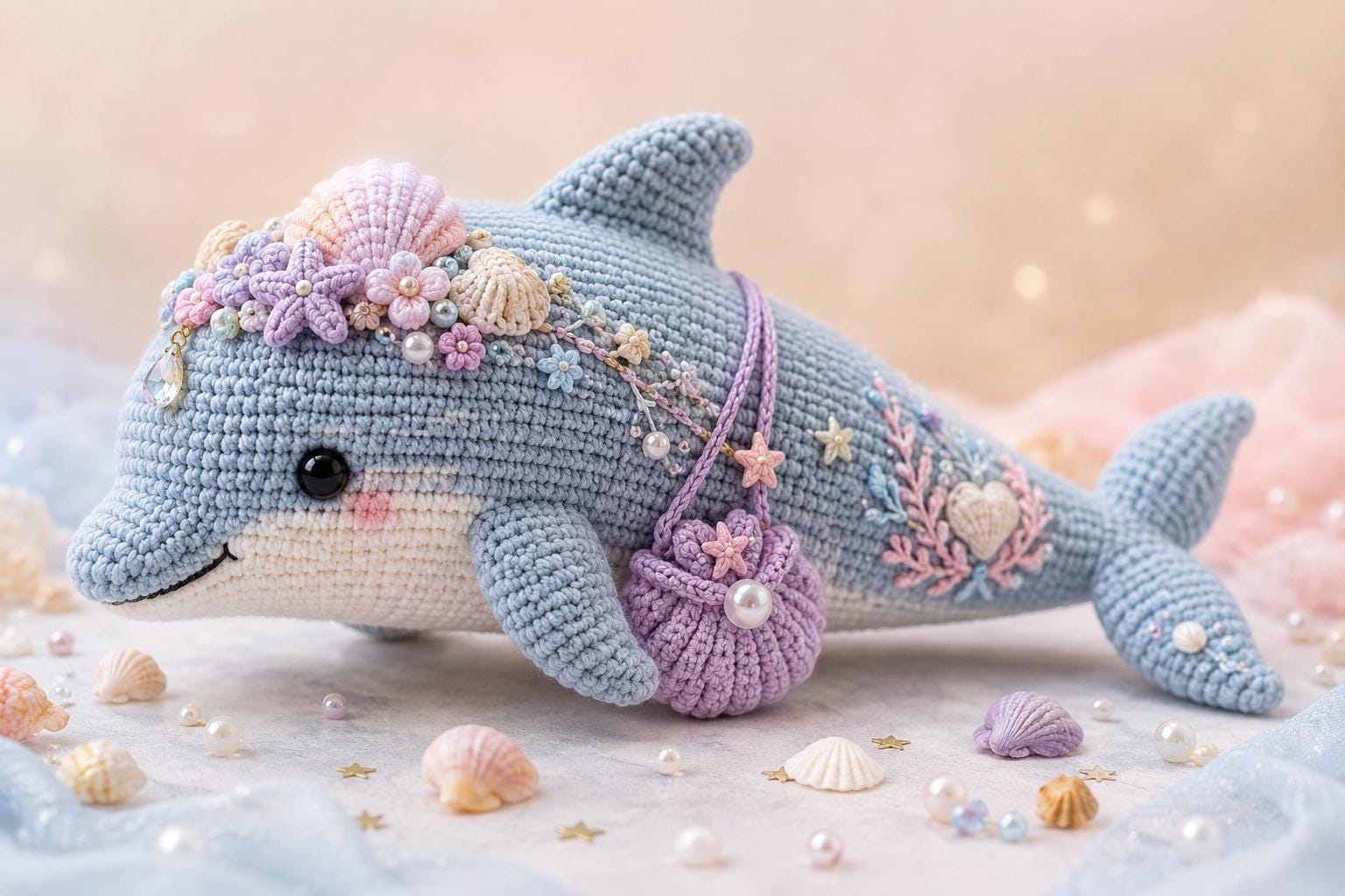 30 Dolphin Crochet Patterns for Ocean-Inspired Amigurumi, Gifts, and Nursery Decor 2 Pearl Reef Dolphin Amigurumi Crochet Pattern