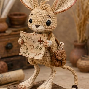 Könnte beinhalten: Eine gehäkelte, hellbraune Hasenfigur mit großen Ohren, die eine kleine rechteckige Karte mit Kompass- und Bergillustrationen hält. Der Hase trägt eine braune, gehäkelte Umhängetasche mit goldener Schnalle und hat einen langen Schwanz mit Quaste.