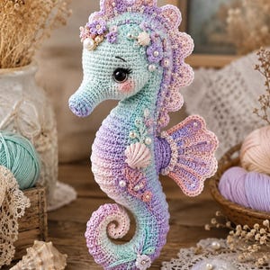 Virkat sjöhästmönster PDF, pastellfärgat snäckskal sjöhäst amigurumimönster, söt havsdjursleksak, digital nedladdning