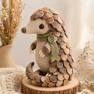 May include: A crocheted pangolin figurine featuring a layered scale pattern in shades of brown and beige. The creature has a light tan belly, dark eyes, small claws, and wears a green scarf adorned with a single leaf-shaped charm.
