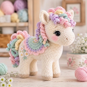 Virkmönster för pastellfärgade ponnyer, handledning för amigurumi-häst, blommig sadelfilt (PDF-nedladdning)