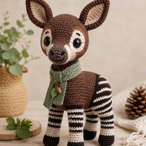 May include: A crocheted okapi stuffed animal with a dark brown head, large ears, and a solid brown torso. The legs feature horizontal black and white stripes. It wears a sage green crocheted scarf adorned with a small metal acorn and leaf charm.