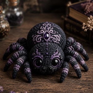 May include: A crocheted spider plush toy featuring a dark charcoal body with purple embroidered filigree patterns, large glossy black eyes, and a central purple faceted gem on its back. The eight legs are striped with black and purple yarn.
