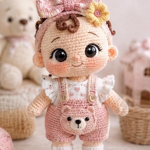 May include: A handmade crochet doll with a light skin tone, wearing a pink outfit with a bear design on the front. The doll has a pink bow, a yellow flower, and large black eyes. The doll is standing in front of a blurred background.