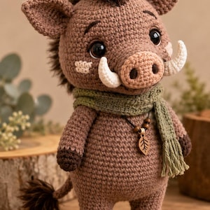Puede incluir: Un peluche de jabalí tejido a ganchillo en color marrón con una cresta marrón oscuro, dos colmillos blancos y grandes ojos negros. La figura lleva una bufanda de punto verde con un colgante de hoja de madera en un cordón, pezuñas marrón oscuro y una cola con borla.