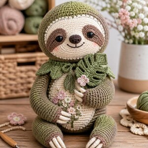 May include: A handmade crochet sloth doll in shades of green, brown, and cream. The sloth is holding a leaf and flowers. The doll has a smiling face and is sitting on a wooden surface. The sloth is a cute and cuddly toy.