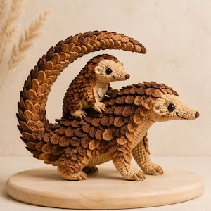 May include: A crochet pangolin figure featuring a large adult and a smaller offspring riding on its back. The figures are crafted with layered brown and tan yarn scales, dark eyes, and light beige underbellies. A small white heart is on the chest.