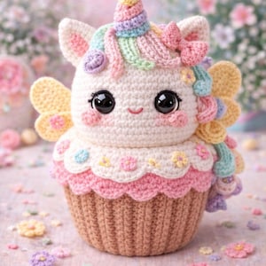 Könnte beinhalten: Ein gehäkelter Einhorn-Cupcake mit Regenbogenhorn, Mähne und Flügeln. Der Cupcake hat eine braune Basis, rosa Zuckerguss und ist mit kleinen Blumen verziert. Das Einhorn hat große schwarze Augen und rosige Wangen.