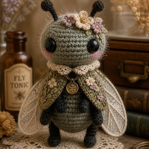 Puede incluir: Muñeca de insecto de ganchillo hecha a mano con grandes ojos negros, una corona floral y delicadas alas. La muñeca tiene un cuerpo verde, un cuello de encaje blanco y un pequeño colgante. La muñeca está sobre un tapete de encaje.