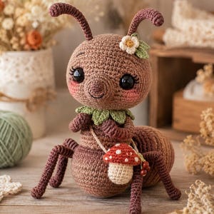 May include: A brown crocheted ant figurine featuring large black eyes, pink cheeks, and two antennae. The ant wears a green leaf collar, a small white flower on its head, and carries a red and white mushroom-shaped bag with a strap.
