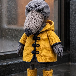 Puede incluir: Una figura amigurumi de ganchillo de un pájaro gris con un pico largo y expresión enfadada. La figura lleva un impermeable amarillo brillante con capucha, ribetes azul oscuro y cierres de palanca, junto con botas de lluvia amarillas a juego.