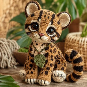 Peut inclure: Une peluche ocelot crochetée en fil beige avec des taches et des rayures marron foncé, de grands yeux noirs et un nez rose. La peluche porte un pendentif en forme de feuille verte crochetée sur un cordon foncé et a une longue queue rayée.