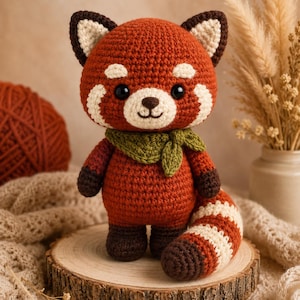 Virkmönster för röd panda i PDF-format, handledning för amigurumi-djurleksaker