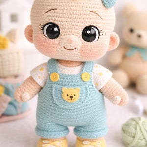 May include: A crocheted baby doll with a fair complexion, large black eyes, and rosy cheeks. The doll is dressed in a light blue overall with a yellow bear applique and yellow shoes. A yellow flower and blue bow are on the doll's head.