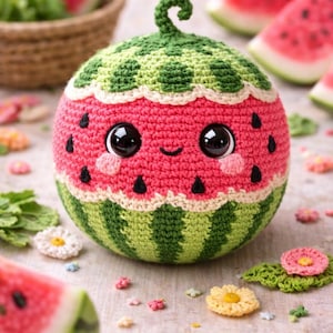 Puede incluir: Un peluche de sandía tejido a crochet con una cara sonriente, ojos negros grandes y detalles de semillas negras. El peluche es rojo y verde, con un tallo verde rizado. Rodajas de sandía y flores de ganchillo en el fondo.