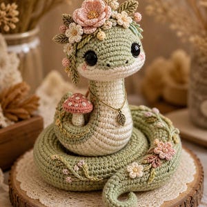 Puede incluir: Figura de serpiente de ganchillo en tonos verdes y crema, adornada con una corona floral, una seta y un colgante de hoja. La serpiente se exhibe sobre una rodaja de madera con un tapete de encaje.