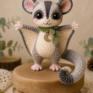 May include: A crocheted sugar glider plush toy with grey and cream yarn, large black eyes, and pink-tinted cheeks. It wears a green crocheted scarf with a gold-coloured crescent moon charm. The creature has a long, curled tail and outstretched arms.