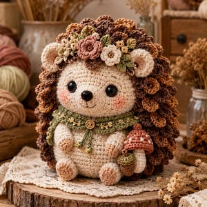 Könnte beinhalten: Eine gehäkelte Igelpuppe mit einem skurrilen Design. Die Puppe hat einen cremefarbenen Körper, braune Stacheln und einen Blumenkranz. Sie trägt einen grünen Schal und hält einen Pilz und eine Eichel. Die Puppe sitzt auf einer Holzscheibe.