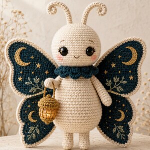 Peut inclure: Une poupée papillon de nuit crochetée couleur crème avec de grands yeux sombres et des joues roses. Elle possède des ailes bleu foncé brodées de croissants de lune dorés, d'étoiles et de feuillages. Elle porte une collerette bleue et une lanterne.