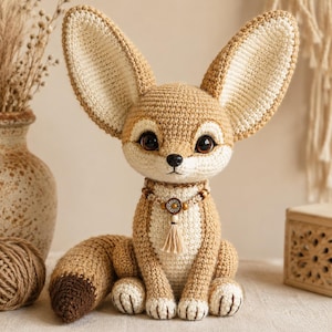 May include: A handcrafted crochet fennec fox plush toy with large pointed ears, oversized dark eyes, and a cream-colored chest. The fox features a tan body, a dark brown tail tip, and a decorative beaded collar with a small central charm and tassel.