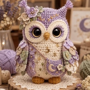 Puede incluir: Un búho de ganchillo hecho a mano en tonos morados, crema y dorado. El búho presenta grandes ojos negros, alas decorativas y un pequeño bolso con un diseño de media luna. Está adornado con detalles florales y de estrellas, y se encuentra sobre una rodaja de madera.