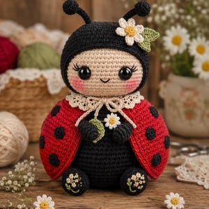 May include: A crochet ladybug doll featuring a black head with antennae, large black eyes, and pink cheeks. The body has red wings with black spots, a white lace collar, and black feet embroidered with small white flowers and green leaves.