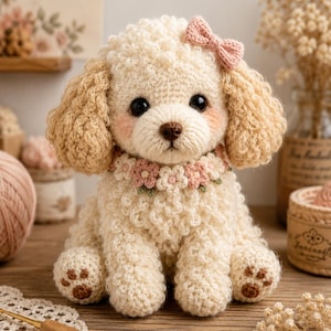 Può includere: Un peluche a forma di barboncino realizzato all'uncinetto color crema con una consistenza in filato riccio, un piccolo fiocco rosa sulla testa e un collare decorato con minuscoli fiori rosa e bianchi. Il cane ha occhi scuri e naso marrone.