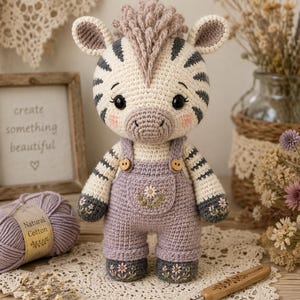 Pode incluir: Boneca de zebra de crochê feita à mão com corpo creme, listras cinza e pretas e crina lavanda. A zebra usa macacão lavanda com bordado de margaridas. Um novelo de fio de algodão natural e uma agulha de crochê com cabo de madeira.