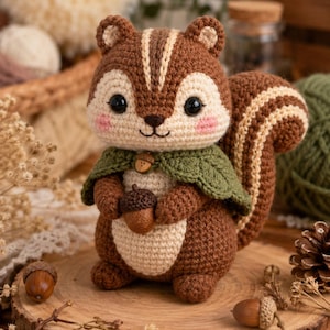 May include: A crocheted chipmunk figurine featuring brown and cream yarn, black safety eyes, and pink cheeks. The chipmunk wears a green leaf-shaped cape fastened with a small acorn button and holds a brown crocheted acorn in its front paws.