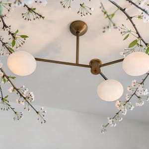 Op de afbeelding: Een moderne messing kroonluchter met drie bolvormige, matglazen kappen. De armatuur hangt aan het plafond en is omgeven door takken met witte kersenbloesems, wat een zachte, natuurlijke uitstraling creëert.