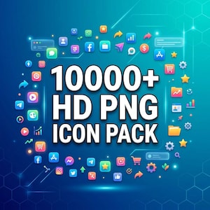 May include: A digital graphic with a blue and teal gradient background. The image features a collection of colorful app icons surrounding the text "10000+ HD PNG ICON PACK" in white. The icons represent various digital functions.
