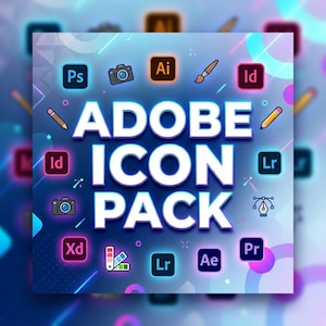 May include: A square graphic with a blue and purple gradient background features the text "ADOBE ICON PACK" in large white letters. Various Adobe software icons, such as Photoshop (Ps), Illustrator (Ai), and Lightroom (Lr), are arranged around the text.