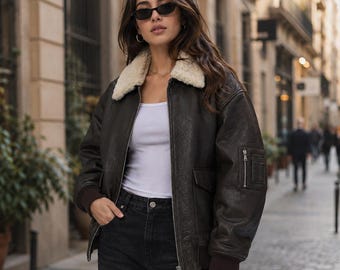 Women's Handmade Oversized Faux Fur Brown Real Leather Jacket | Classic Winter Fur-Collar-Outerwear, Faux-Shearling-Jacket, Bomber-Jacket
