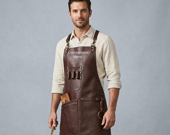 Personalisierte braune Lederschürze | Echtes Rindsleder Top-Grain Holzbearbeitung, Grillen, Werkzeughalter Werkstattgebrauch | Geschenk für Ihn, Geschenk für Ihn