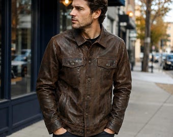 Vintage-Bomberjacke für Herren aus braunem Echtleder im Used-Look | Klassische, handgefertigte Retro-Jacke im Biker-Stil | Geschenkidee für Sie