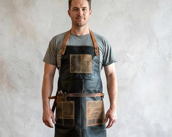 Benutzerdefinierte Leder Barber Schürze | Beunruhigt Rindsleder, verstellbare Träger mit Taschen | Handmade personalisiertes-Logo | Geschenk-Für-Ihn Dad-Geschenk