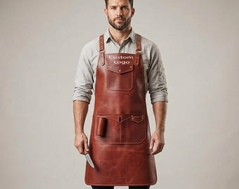 Personalisierte handgemachte rote Rindsleder Echtleder Schürze | Individuelles Logo Top-Grain Holzbearbeitungskleidung | Grillschürze, Gartenschürze | Geschenk-Für-Ihn