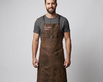 Handgefertigte personalisierte Holzbearbeitung Schmied echt Leder-Schürze | Klassische Cross-Back Schultergurte | Beunruhigt Schürze Geschenk-Für-Ihn