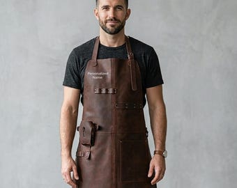 Handgefertigte Distressed Brown Top Grain Echtrindsleder-Schürze | Personalisiertes Logo, Mit Trinktasche, Kochschürze, Kochschürze| Geschenk-Für-Ihn