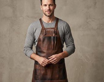 90er Jahre Personalisierte handgemachte beunruhigt braune echt Leder Schürze | Bequeme Cross-Back Schultergurte | Arbeitsschürze , Geschenk-Für-Ihn