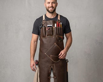 Handgefertigte Braune Leder Tischler Schürze mit Bein-Streifen | 90er Jahre Personalisierter Logo-Design Arbeitskleidung-Werkzeug-Gürtel | Geschenk-Für-Ihn, Papa-Geschenk