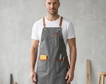 Handgemachte personalisierte Küchen-Leinwand-Schürze | Individuelles Logo-Design mit Leder-Riemen und 3 Taschen | Kochschürze, Geschenk für Papa, Geschenk für Ihn