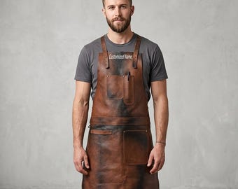 Anpassbare Rindsleder Echtleder Cross Back Schürze | Verstellbare Träger BBQ Grill-Arbeitskleidung| Personalisiertes Logo Küchenschürze, Geschenk für Papa