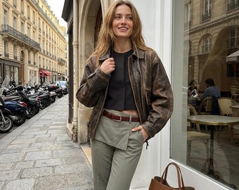 90s Vintage Bomber Distressed Brown Genuine Leather Jacket | Women's Handmade Oversized-Aviator Streetwear Style | Gift-For-Her